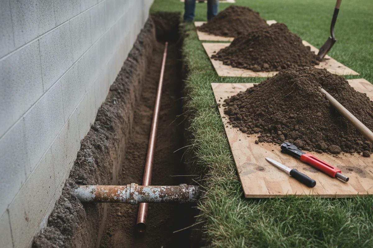 Excavated water line trench during Sewer Line Repair in Clayville